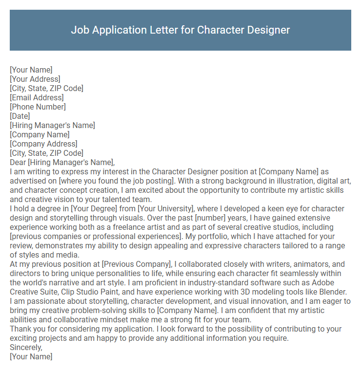 Job Application Letter for Character Designer