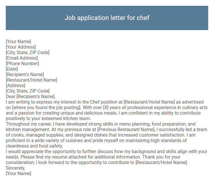 Job application letter for chef
