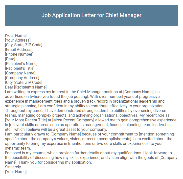 Job Application Letter for Chief Manager