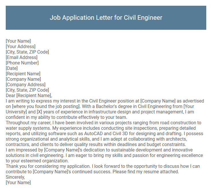 Job Application Letter for Civil Engineer