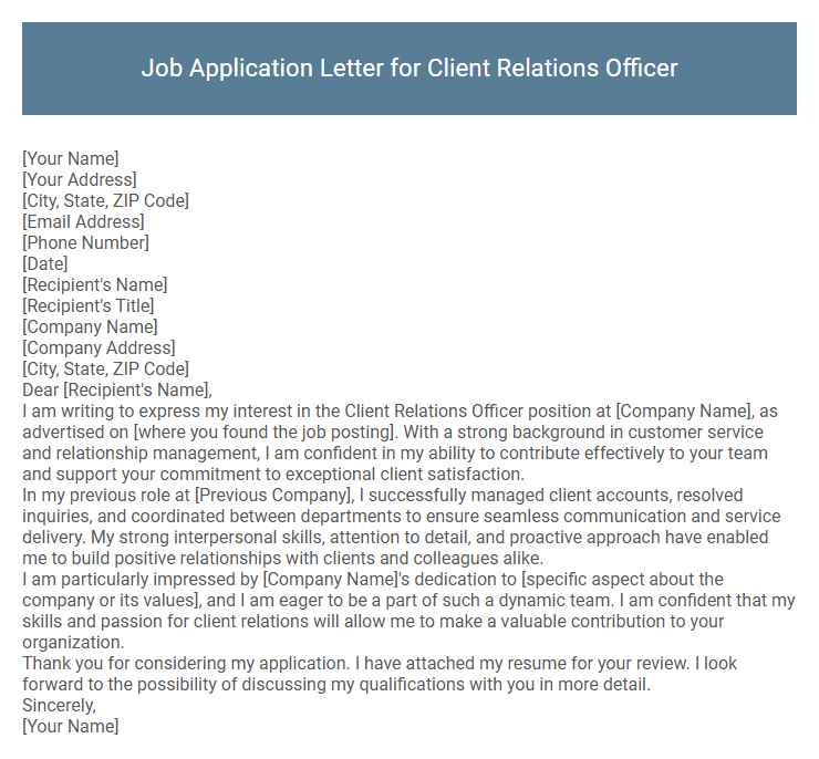 Job Application Letter for Client Relations Officer