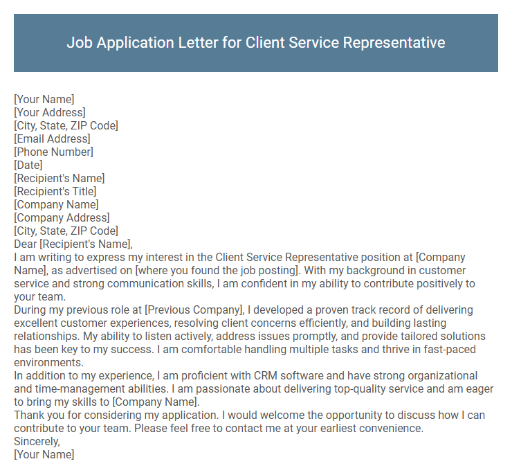 Job Application Letter for Client Service Representative