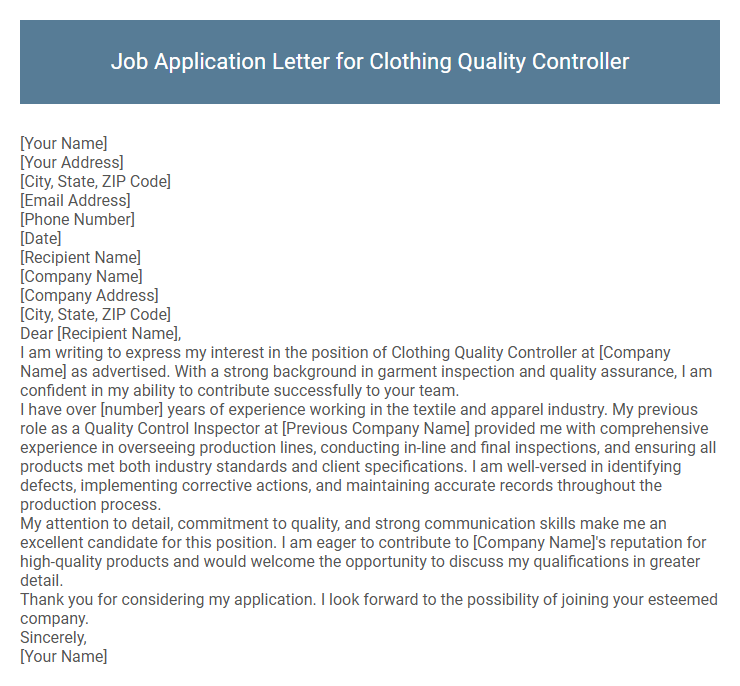 Job Application Letter for Clothing Quality Controller