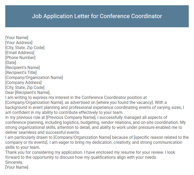 Job Application Letter for Conference Coordinator