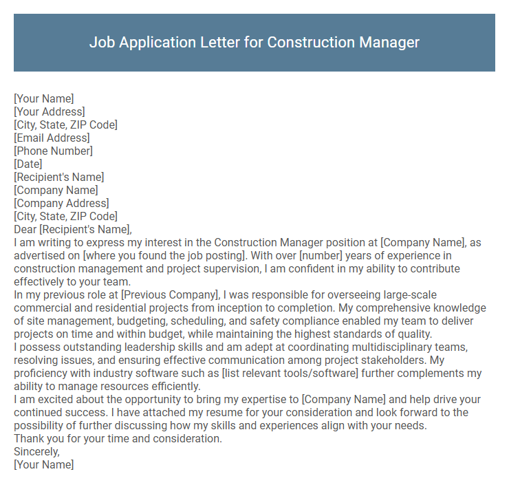 Job Application Letter for Construction Manager