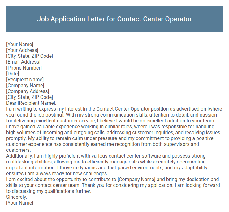 Job Application Letter for Contact Center Operator