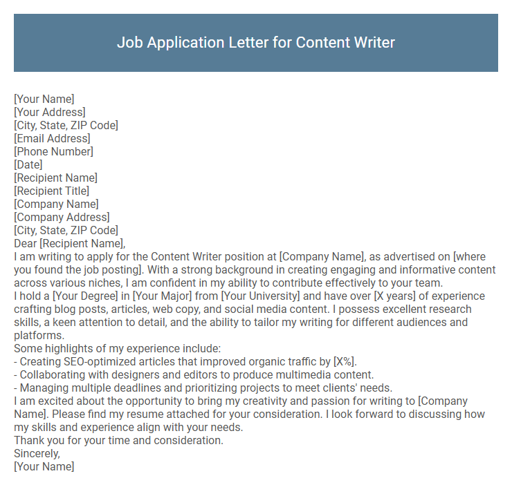 Job Application Letter for Content Writer