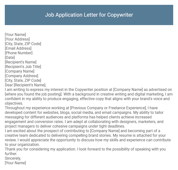 Job Application Letter for Copywriter