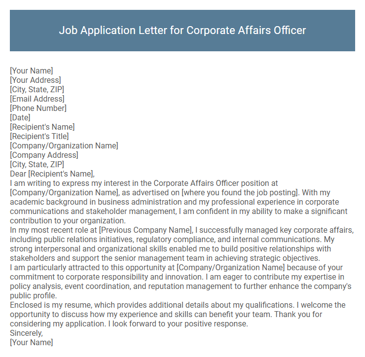 Job Application Letter for Corporate Affairs Officer