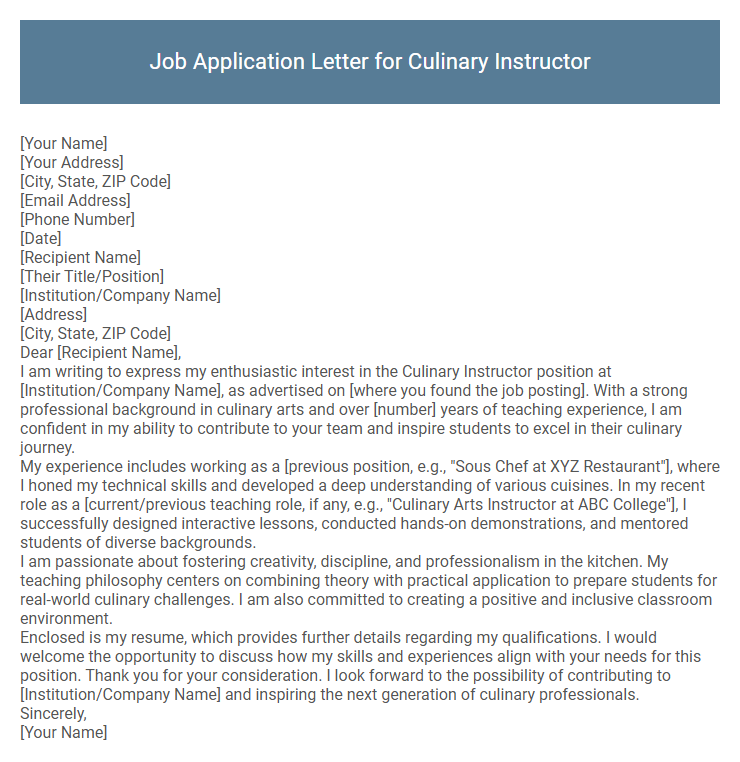 Job Application Letter for Culinary Instructor