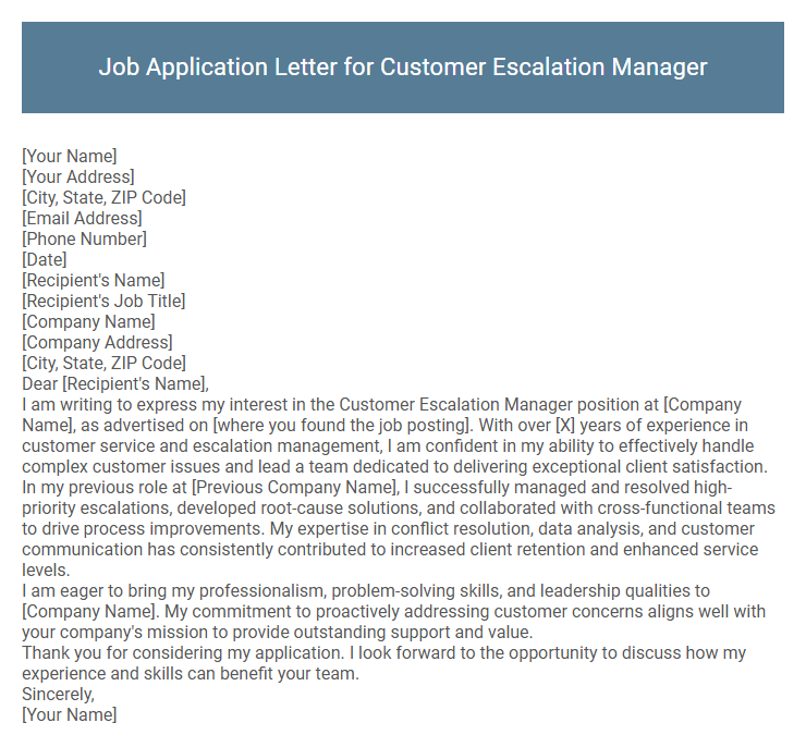 Job Application Letter for Customer Escalation Manager