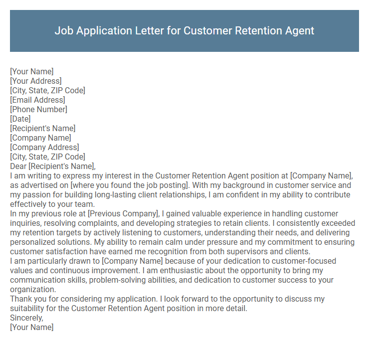 Job Application Letter for Customer Retention Agent