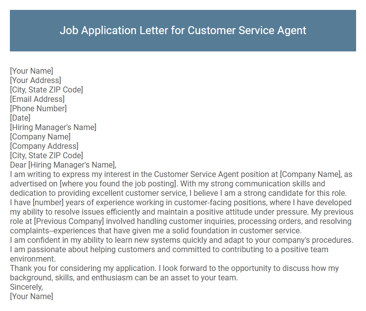 Job Application Letter for Customer Service Agent