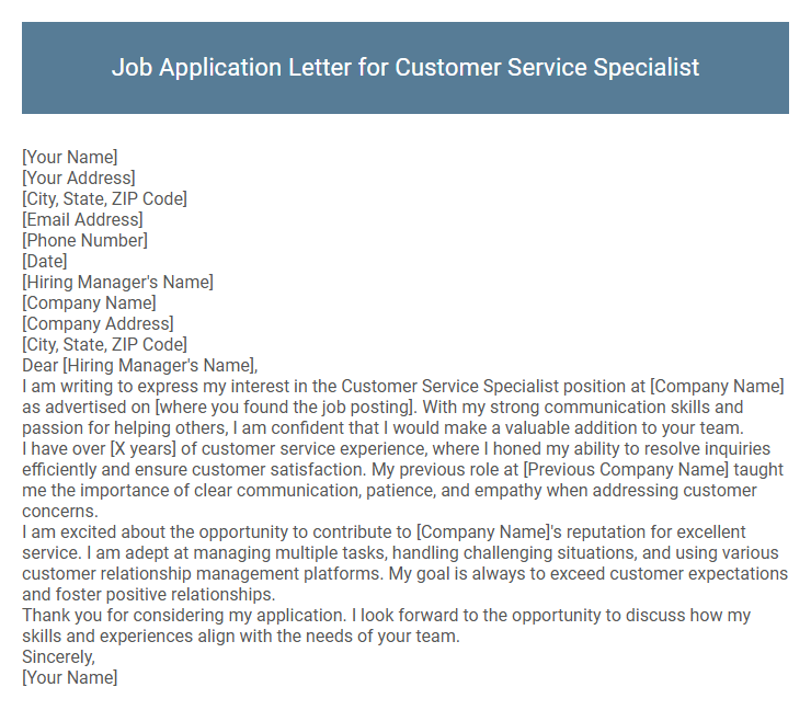 Job Application Letter for Customer Service Specialist