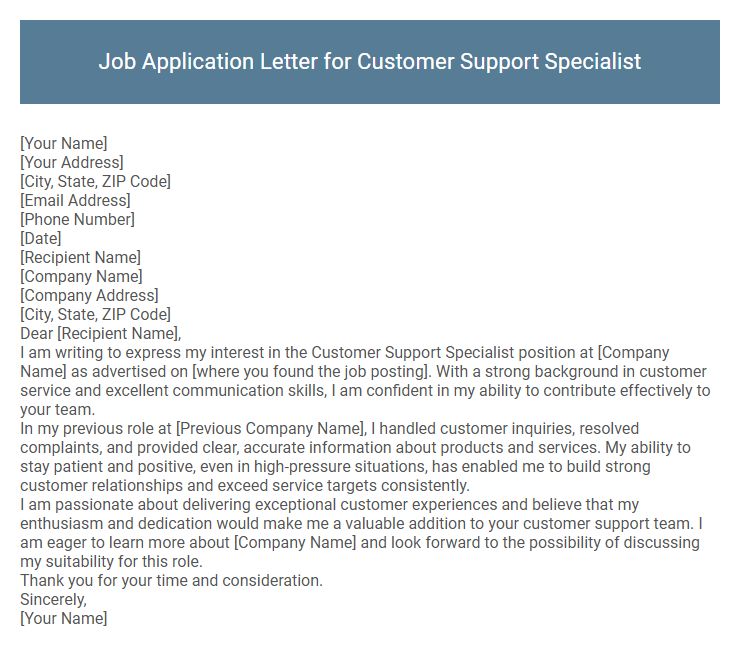 Job Application Letter for Customer Support Specialist