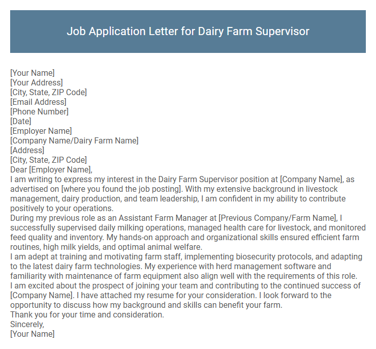 Job Application Letter for Dairy Farm Supervisor