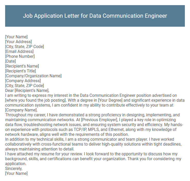 Job Application Letter for Data Communication Engineer