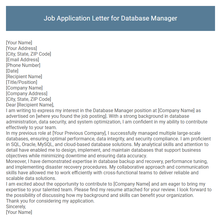 Job Application Letter for Database Manager