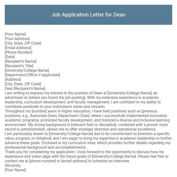 Job Application Letter for Dean