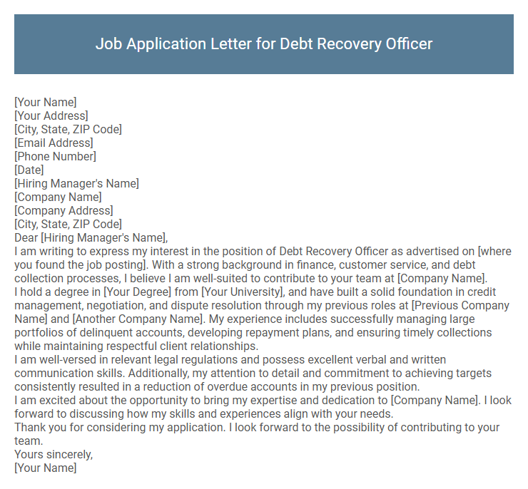 Job Application Letter for Debt Recovery Officer