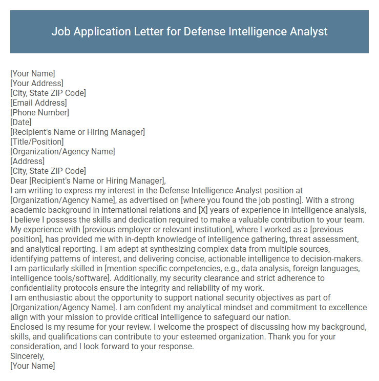 Job Application Letter for Defense Intelligence Analyst