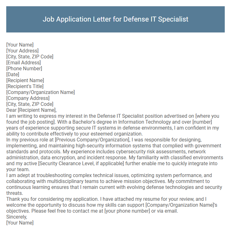 Job Application Letter for Defense IT Specialist