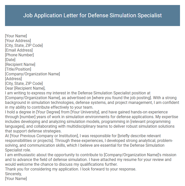 Job Application Letter for Defense Simulation Specialist