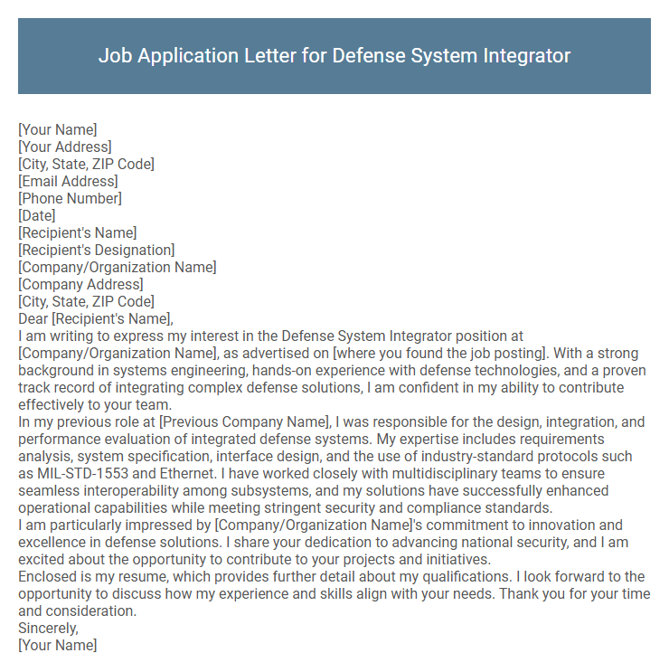 Job Application Letter for Defense System Integrator