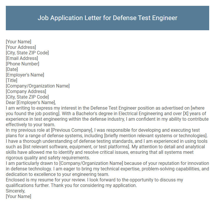 Job Application Letter for Defense Test Engineer