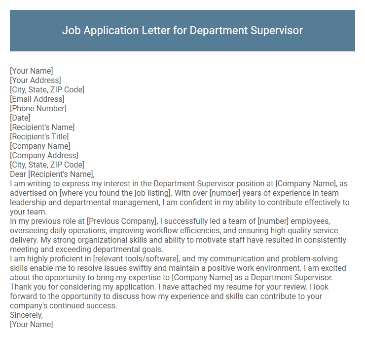 Job Application Letter for Department Supervisor