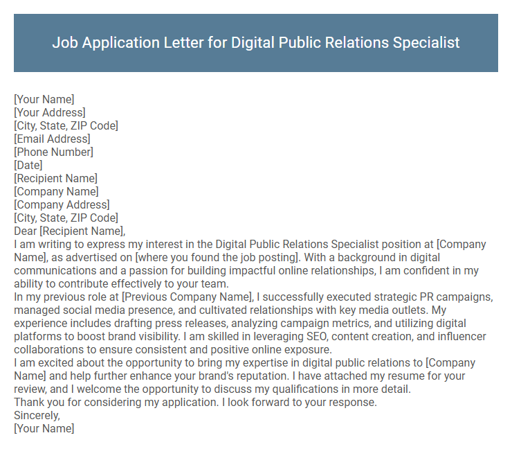 Job Application Letter for Digital Public Relations Specialist