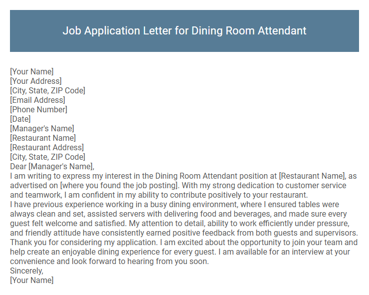 Job Application Letter for Dining Room Attendant