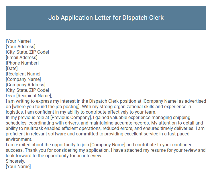 Job Application Letter for Dispatch Clerk