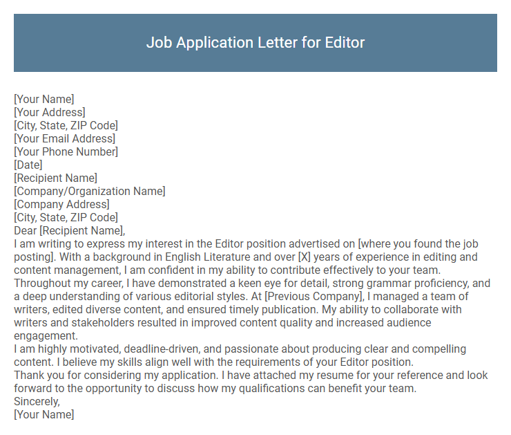 Job Application Letter for Editor