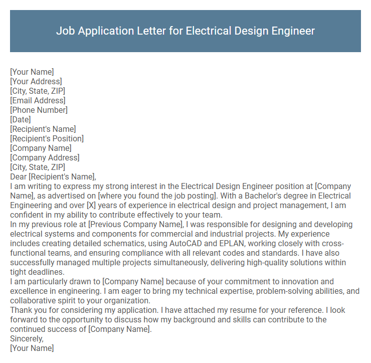 Job Application Letter for Electrical Design Engineer