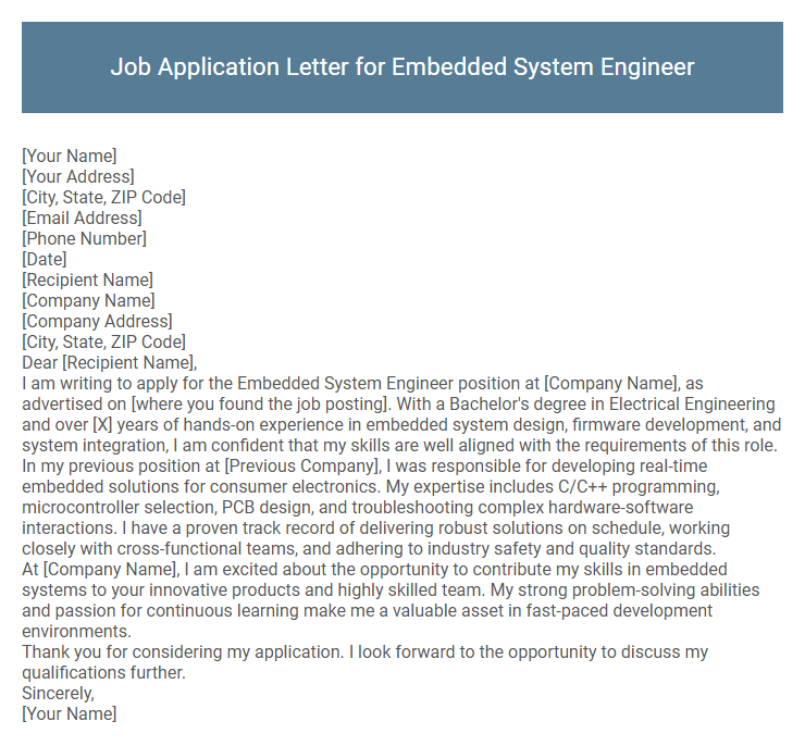 Job Application Letter for Embedded System Engineer