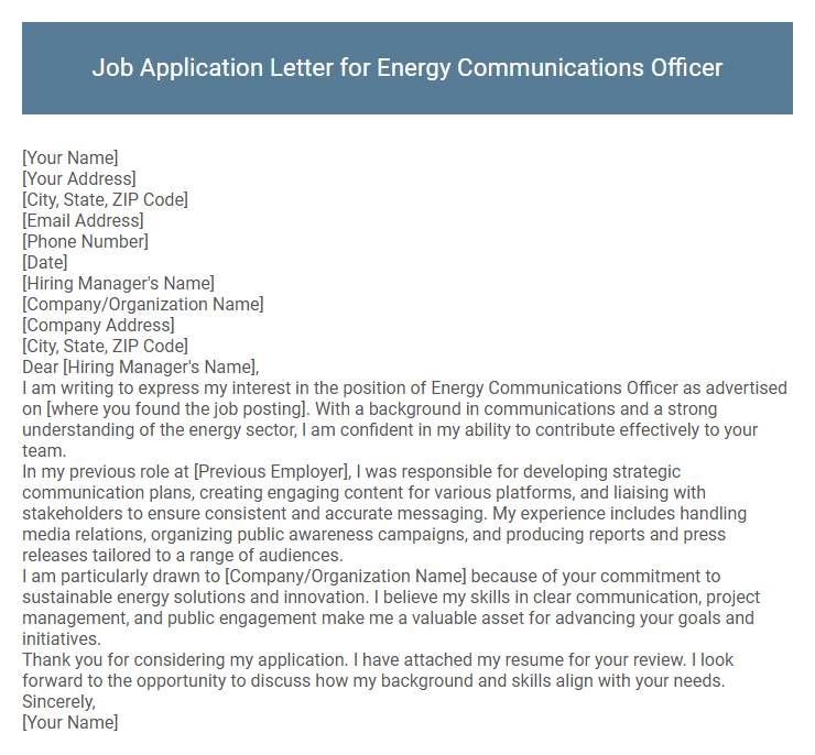 Job Application Letter for Energy Communications Officer