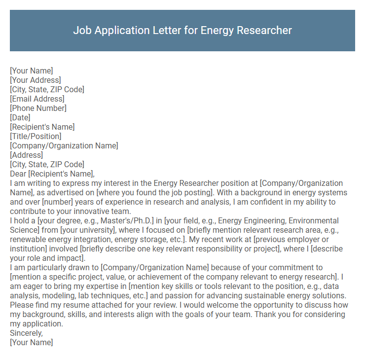 Job Application Letter for Energy Researcher