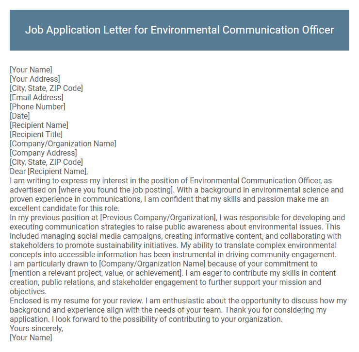 Job Application Letter for Environmental Communication Officer