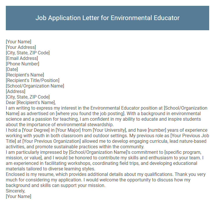 Job Application Letter for Environmental Educator