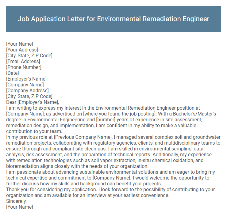 Job Application Letter for Environmental Remediation Engineer