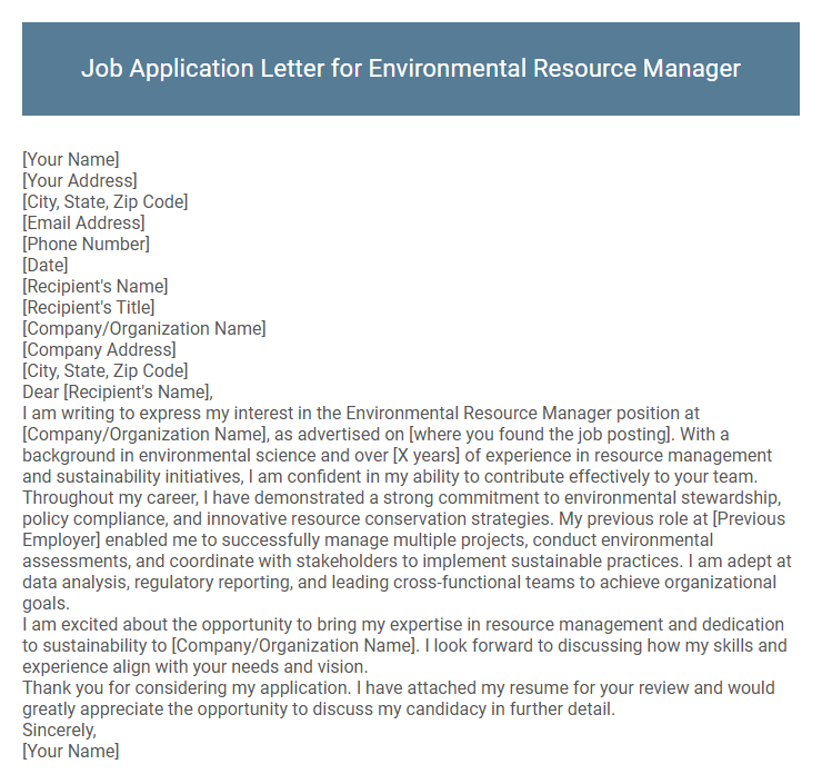 Job Application Letter for Environmental Resource Manager