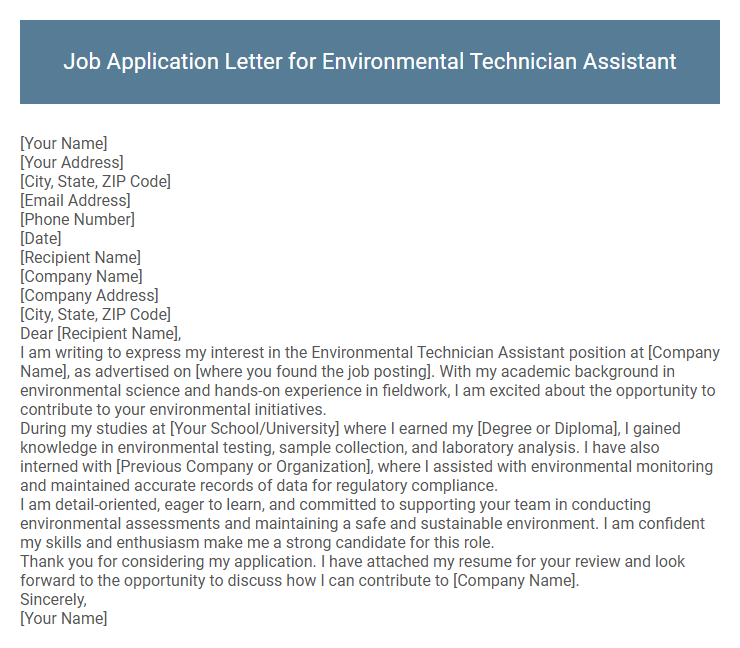 Job Application Letter for Environmental Technician Assistant