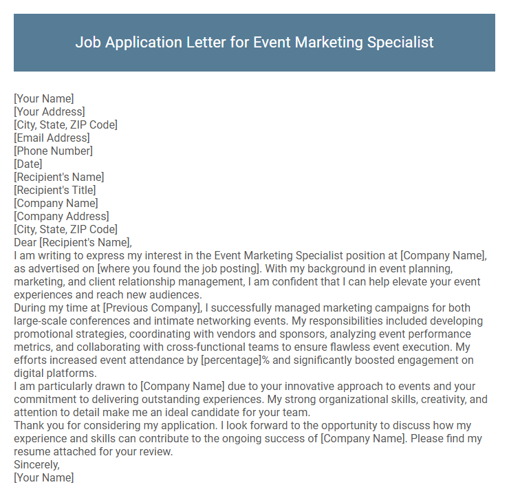 Job Application Letter for Event Marketing Specialist