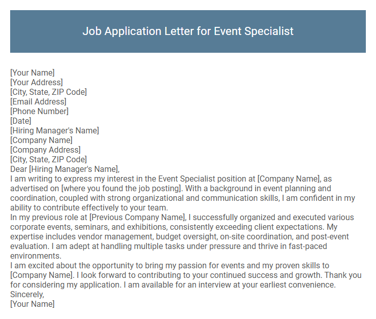 Job Application Letter for Event Specialist