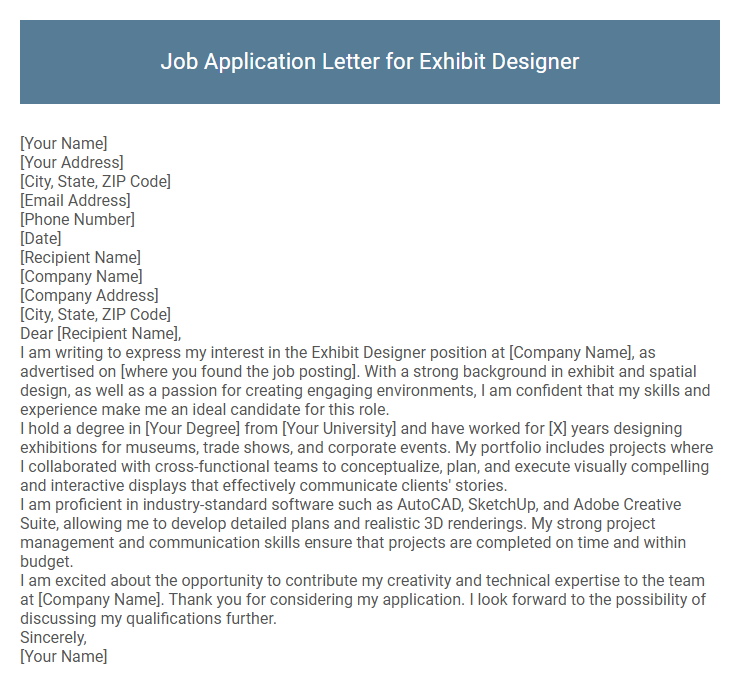 Job Application Letter for Exhibit Designer