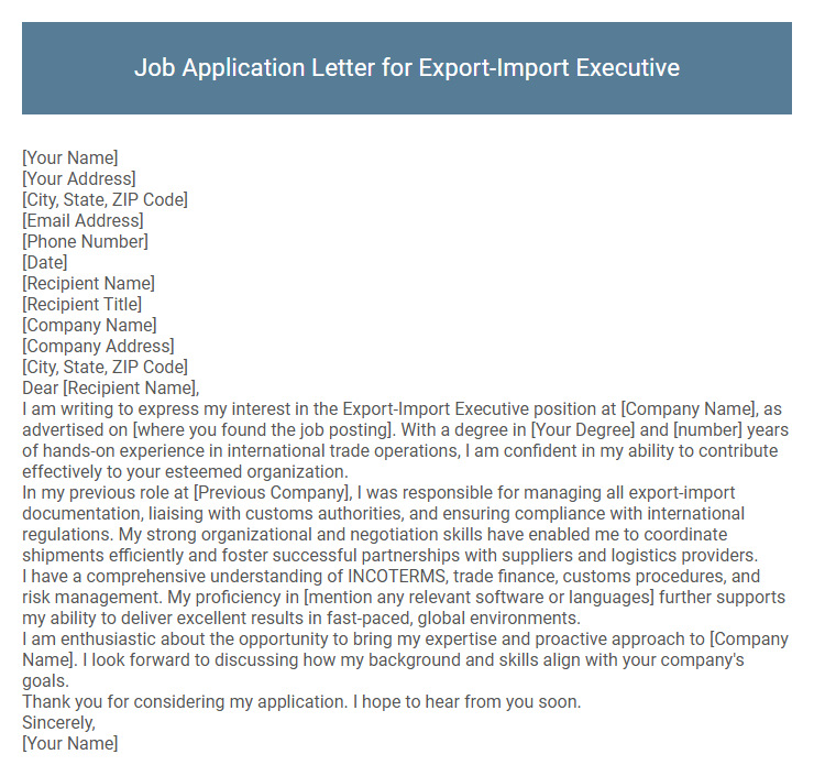 Job Application Letter for Export-Import Executive
