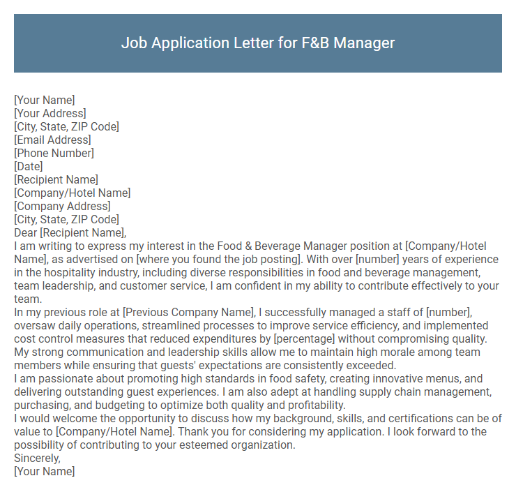 Job Application Letter for F&B Manager