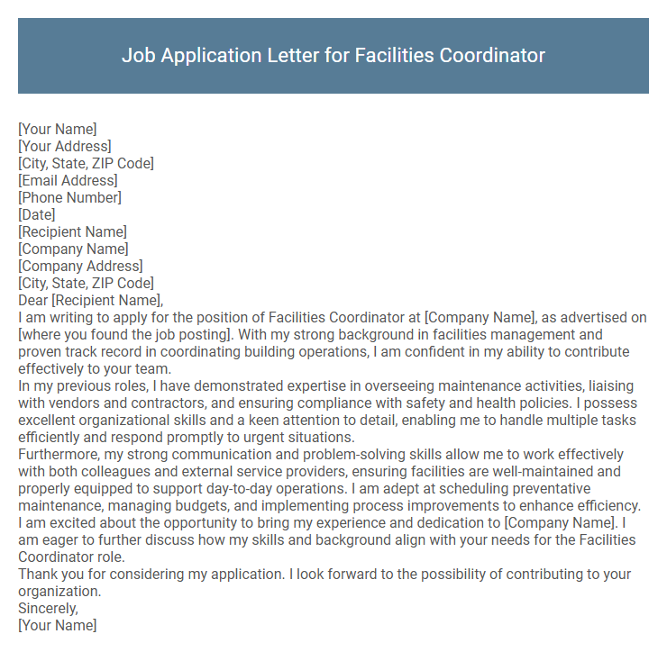Job Application Letter for Facilities Coordinator