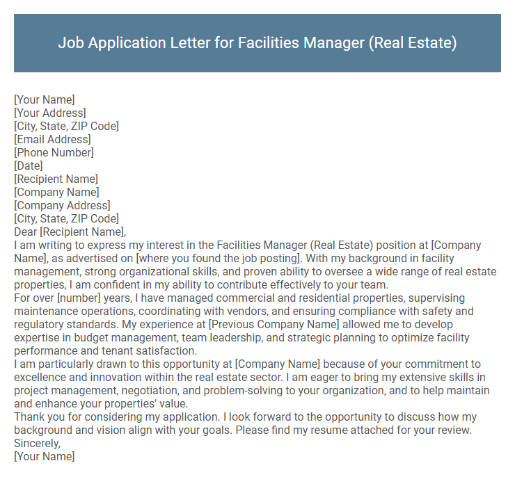 Job Application Letter for Facilities Manager (Real Estate)